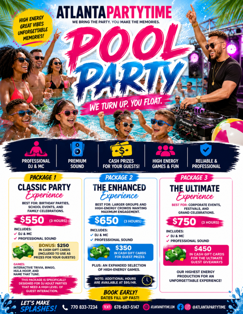 Summer pool party DJ packages and deals in Atlanta by Atlanta Kids DJs.